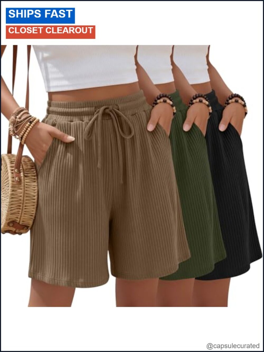 3 Pack Women's Bermuda Shorts Knee Length Ribbed Knit Elastic Waist